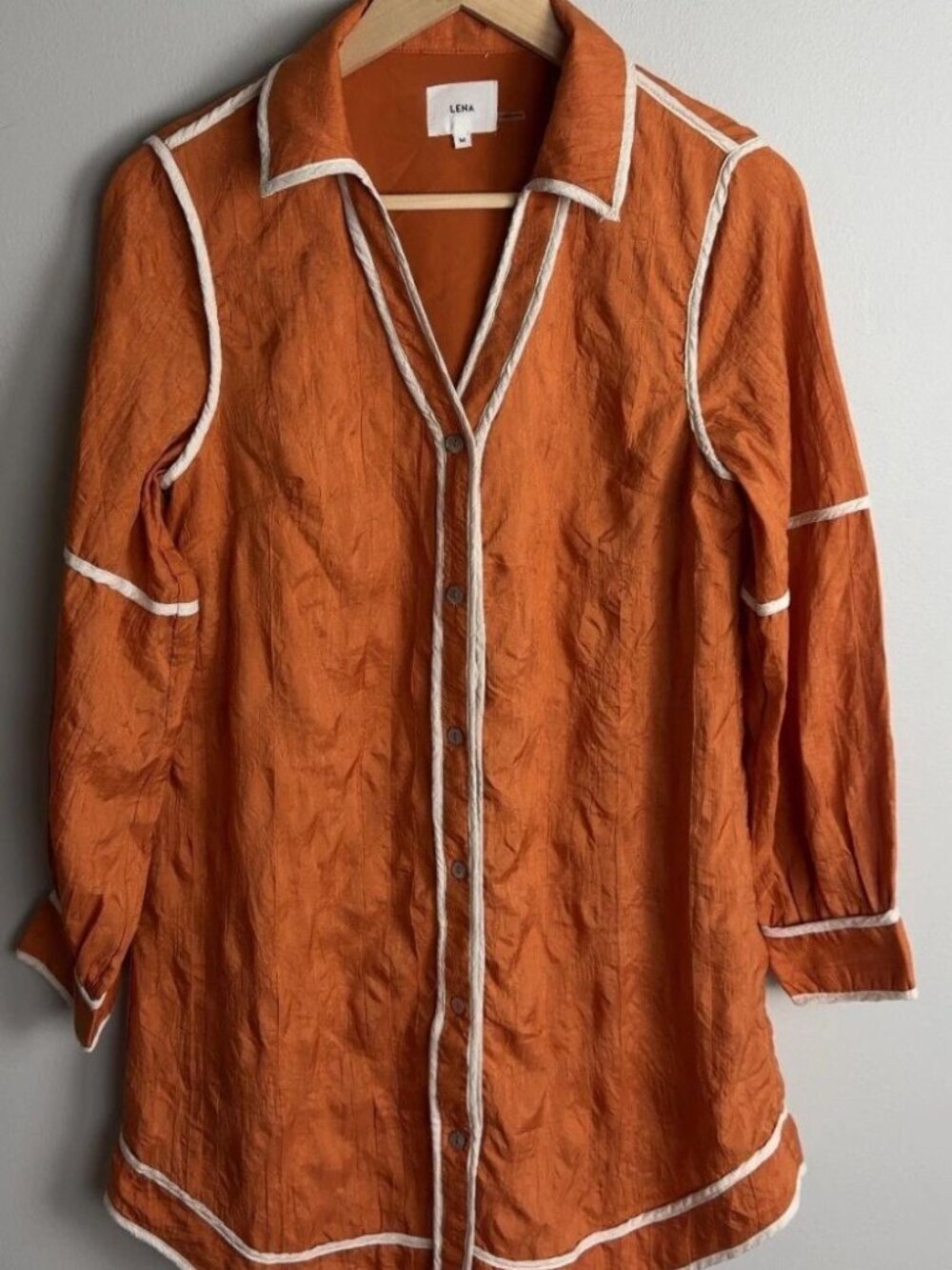 LENA Button Down Shirt Dress Size Medium Rust Orange White Piping Women’s